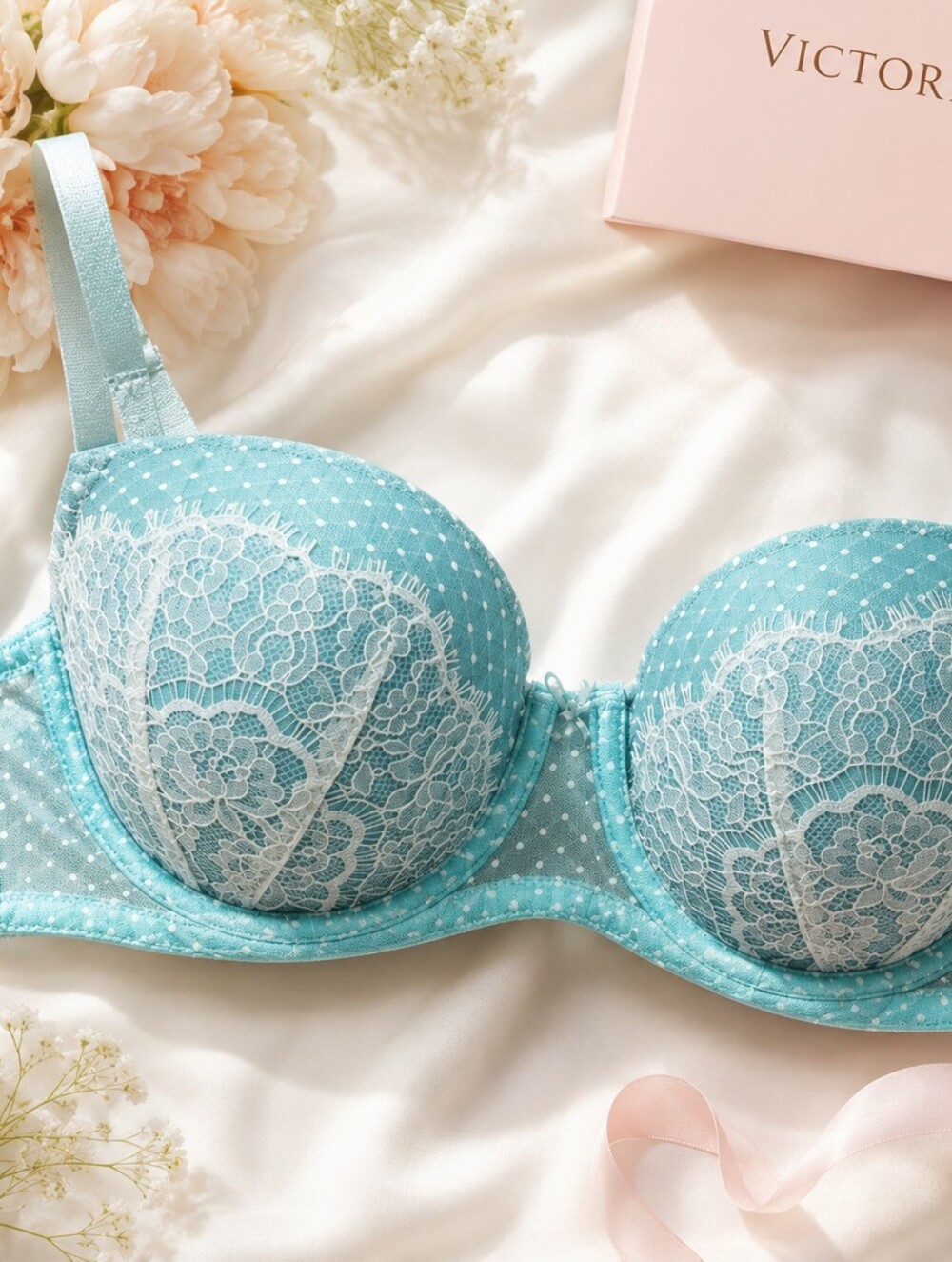Victoria secret dream angels coquette lace teal sheer back bra lingerie 36c
